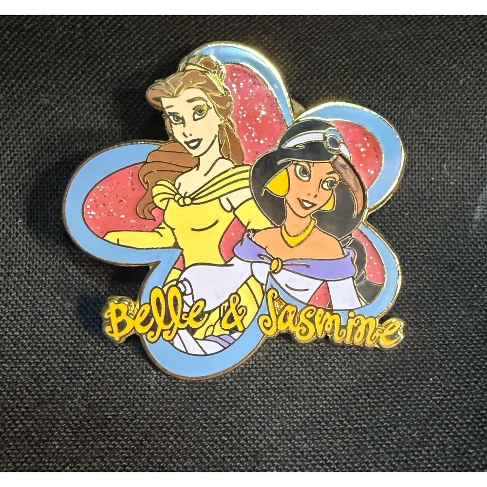 Disney‎ Trading Pin Belle & Jasmine Princess Flower Gold Tone Glitter